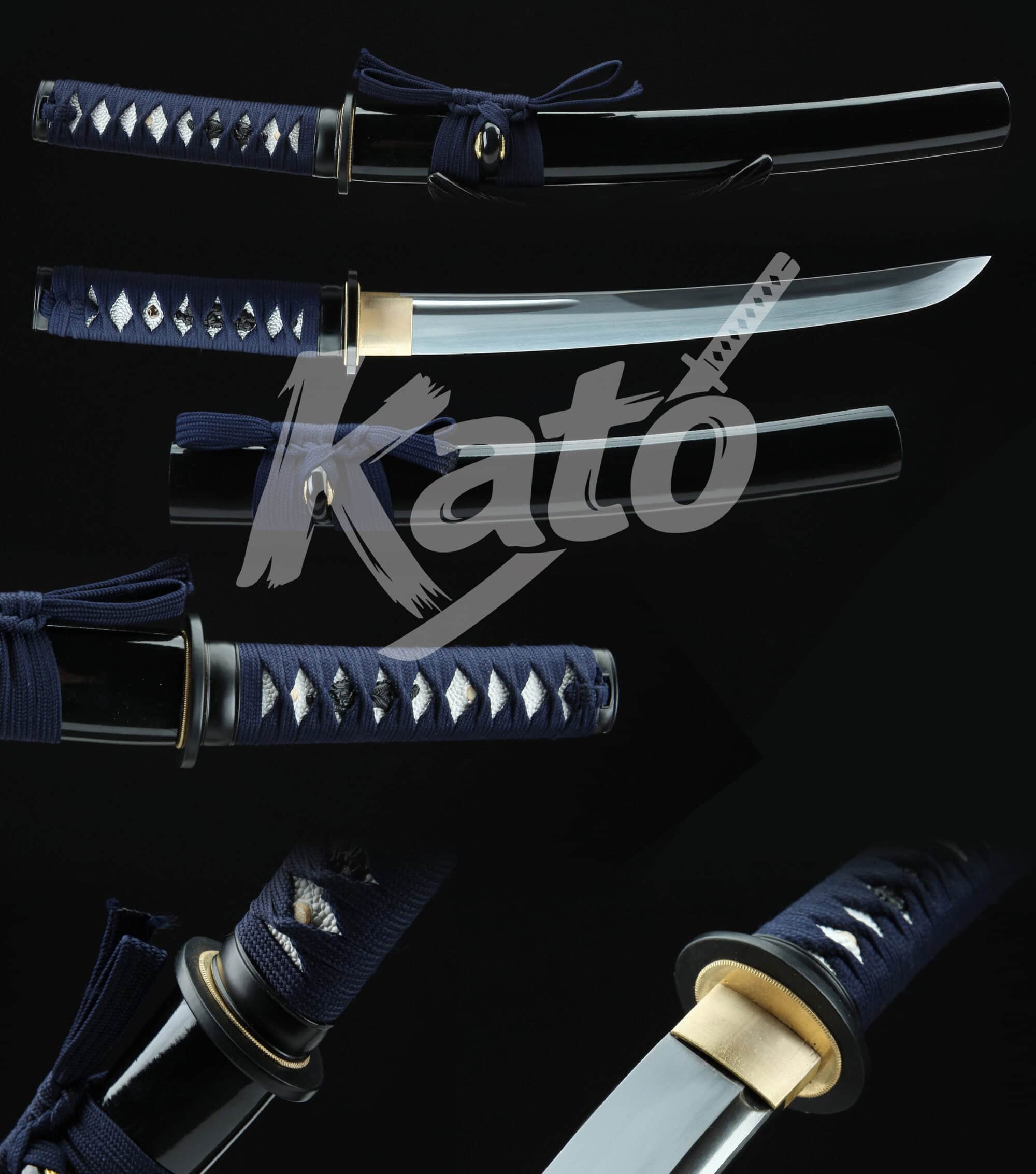 16 Hand-Forged 5160 Steel Tanto Knife – Full Tang Blade, Gloss Black Hardwood Saya, Blue Ito Wrap, Traditional Japanese Style