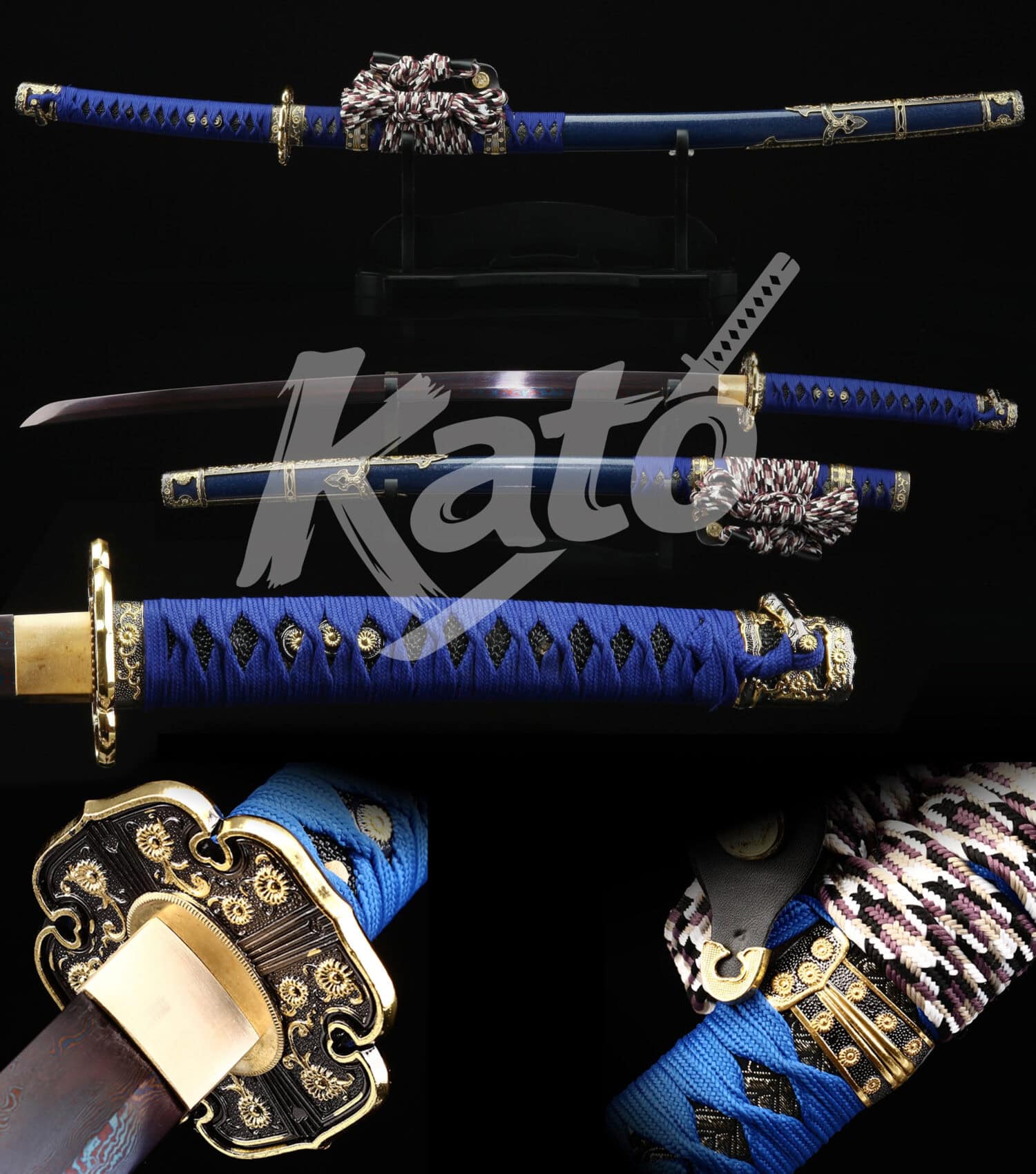2 Hand-Forged Damascus Steel Tachi – Full Tang, Blue Ito, Traditional Mounts