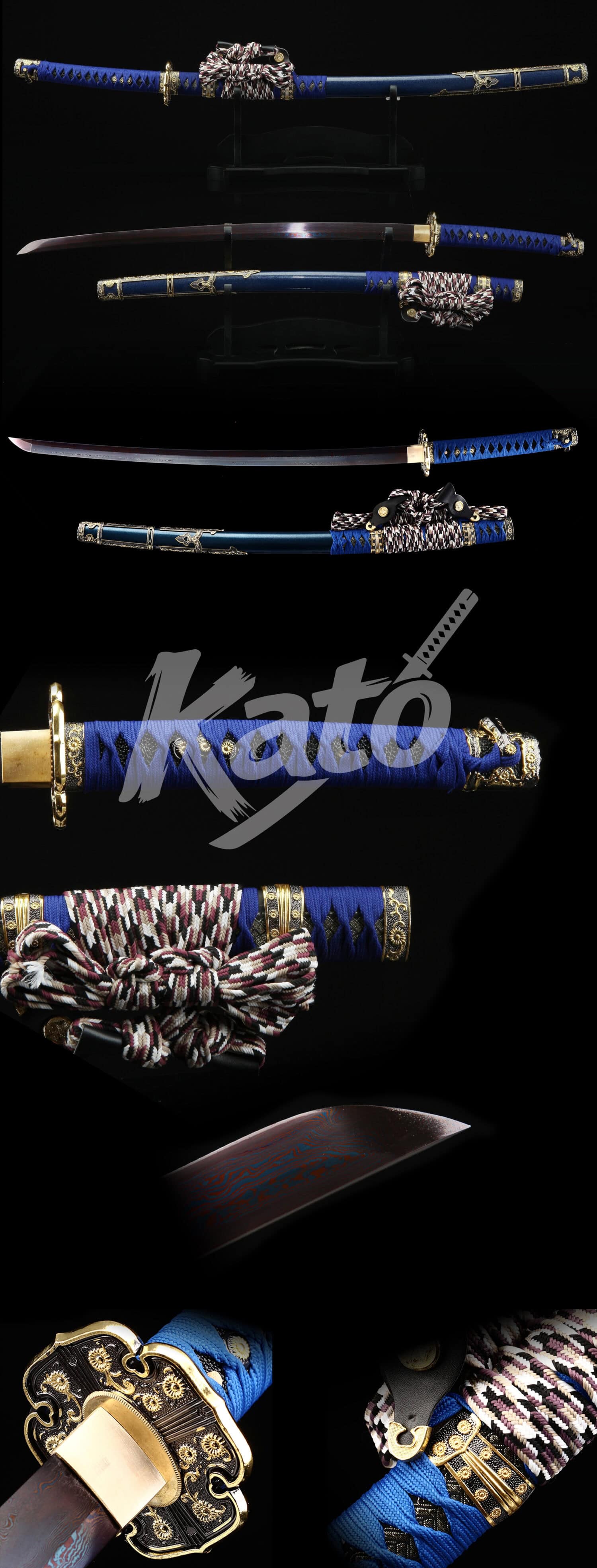 Hand-Forged Damascus Steel Tachi – Full Tang, Blue Ito, Traditional Mounts