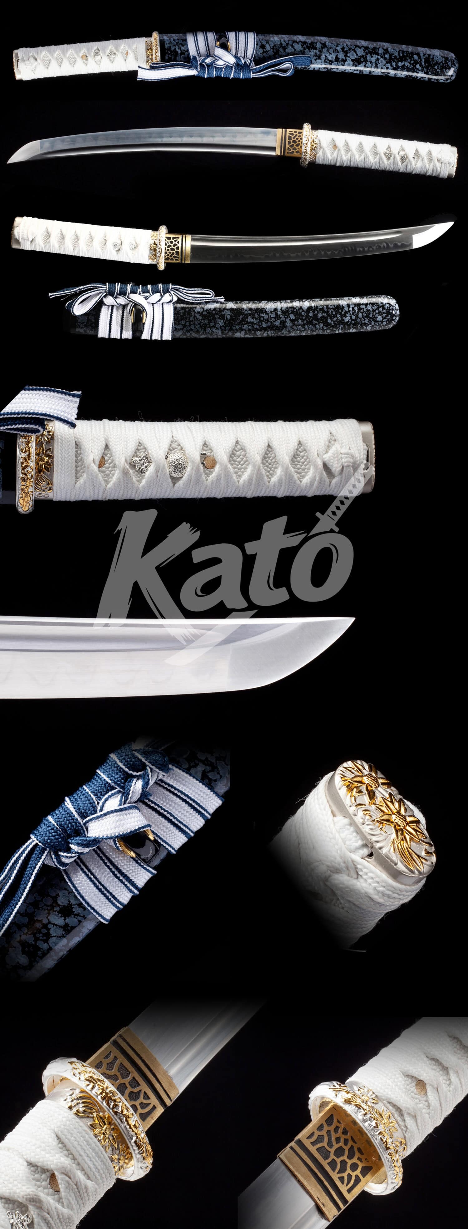 Hand-Forged T10 Clay Tempered Katana Sword – Full Tang Blade, Real Hamon, White Samegawa Handle, Blue Saya, Traditional Japanese Craft