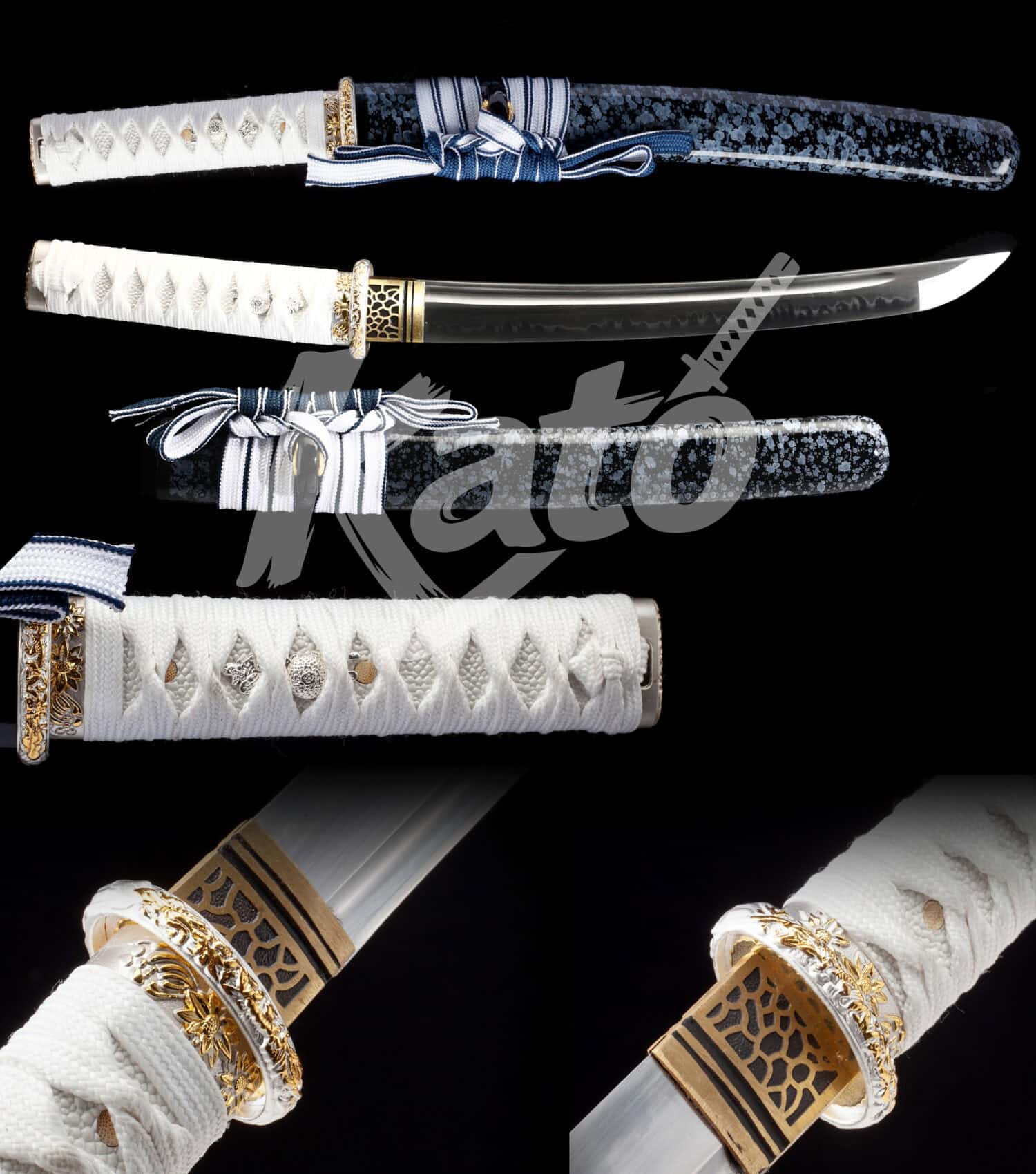 2 Hand-Forged T10 Clay Tempered Katana Sword – Full Tang Blade, Real Hamon, White Samegawa Handle, Blue Saya, Traditional Japanese Craft