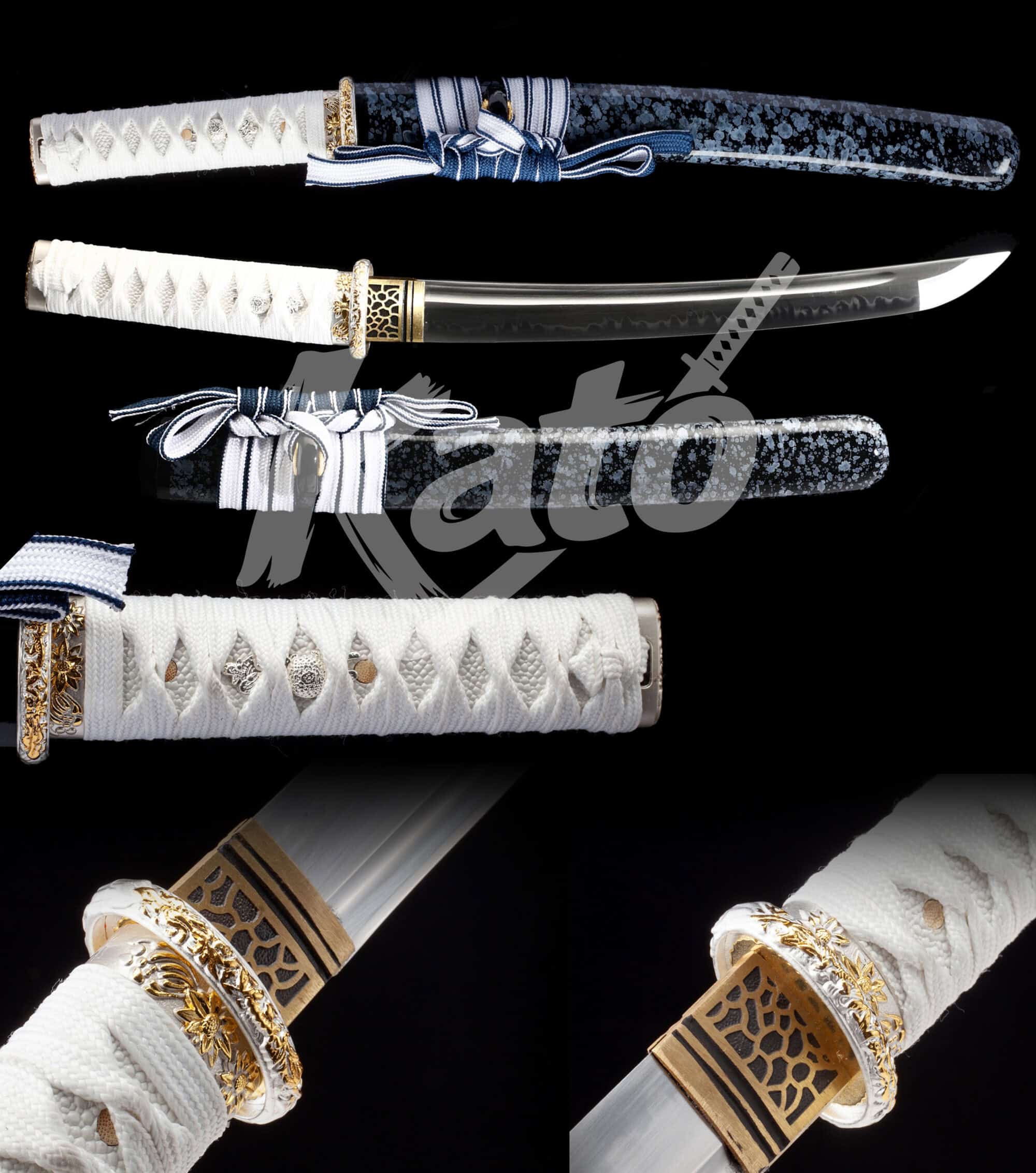 2 Hand-Forged T10 Clay Tempered Katana Sword – Full Tang Blade, Real Hamon, White Samegawa Handle, Blue Saya, Traditional Japanese Craft