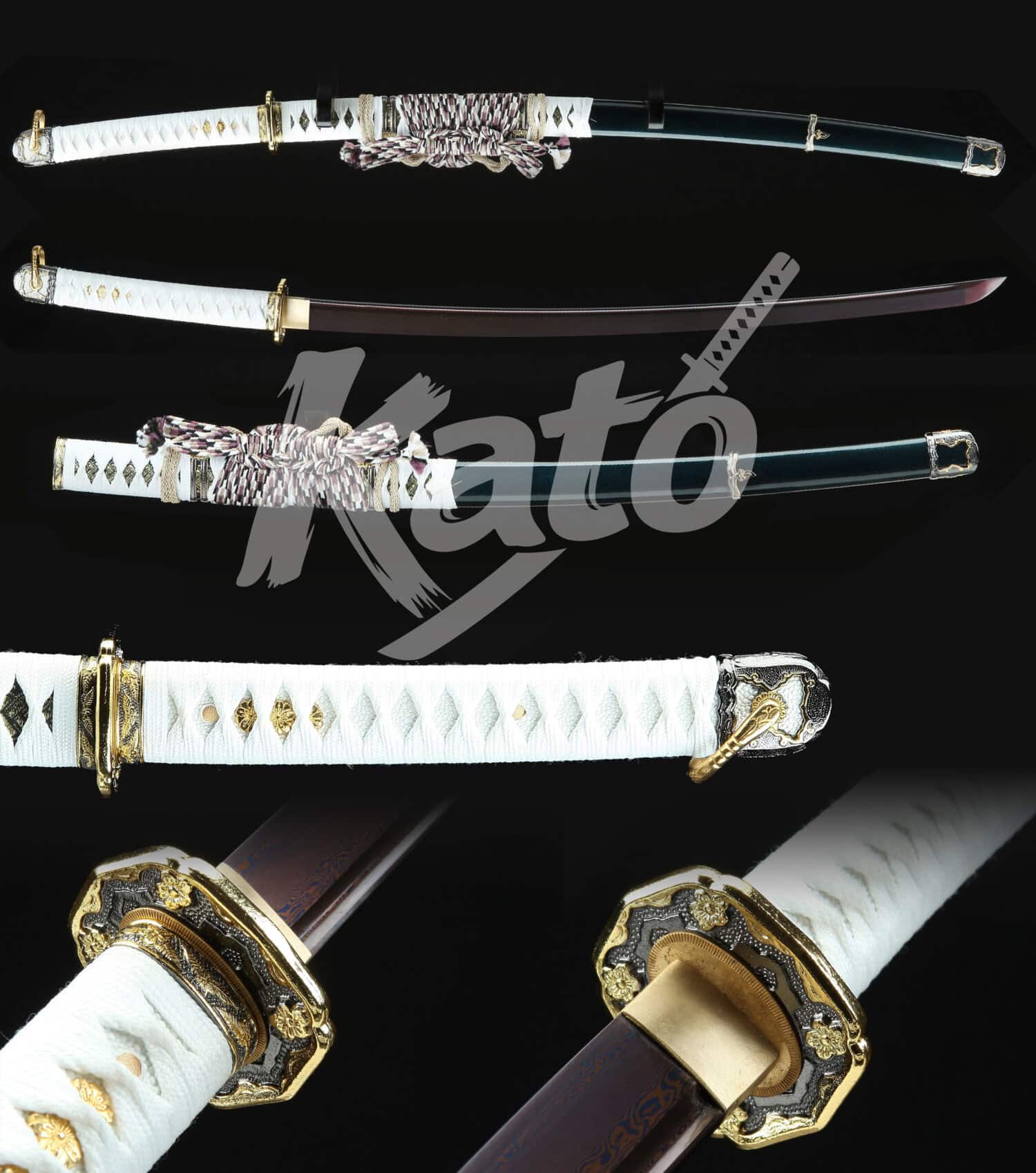 3 Hand-Forged Damascus Tachi Sword – Full Tang, Genuine Samegawa, Piano-Lacquer Hardwood Saya