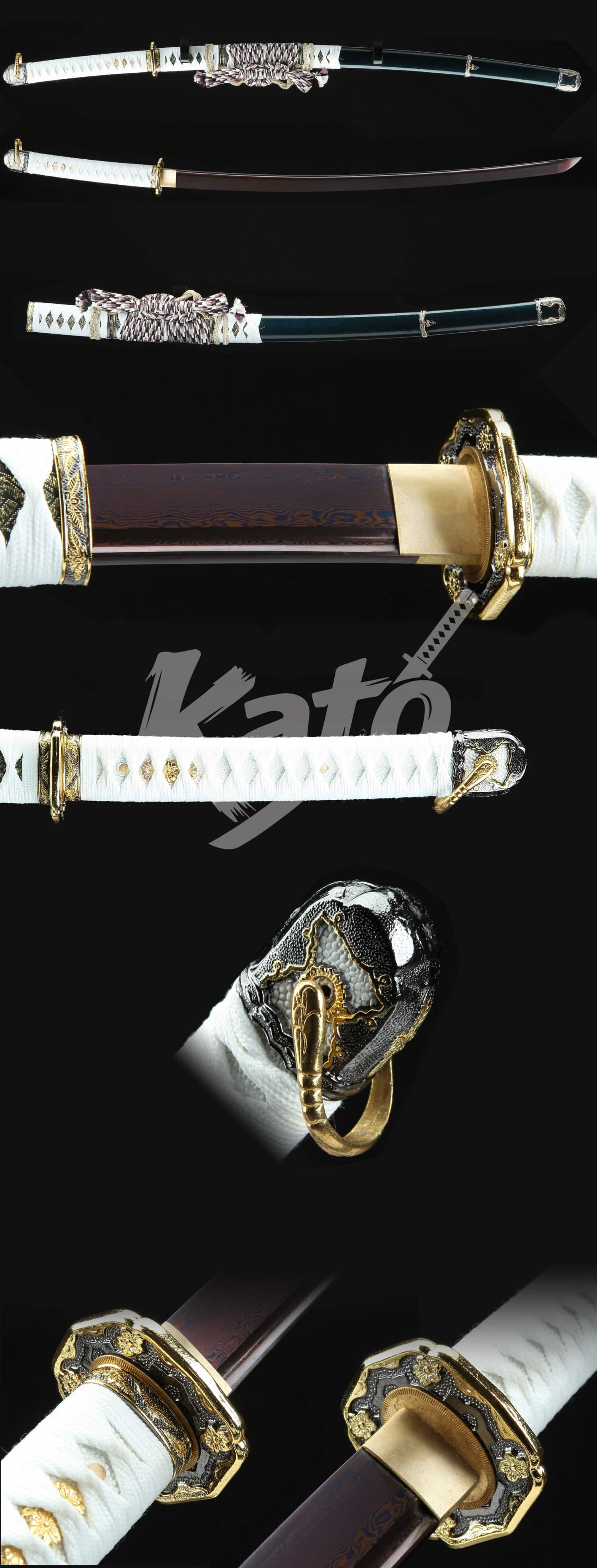 Hand-Forged Damascus Tachi Sword – Full Tang, Genuine Samegawa, Piano-Lacquer Hardwood Saya