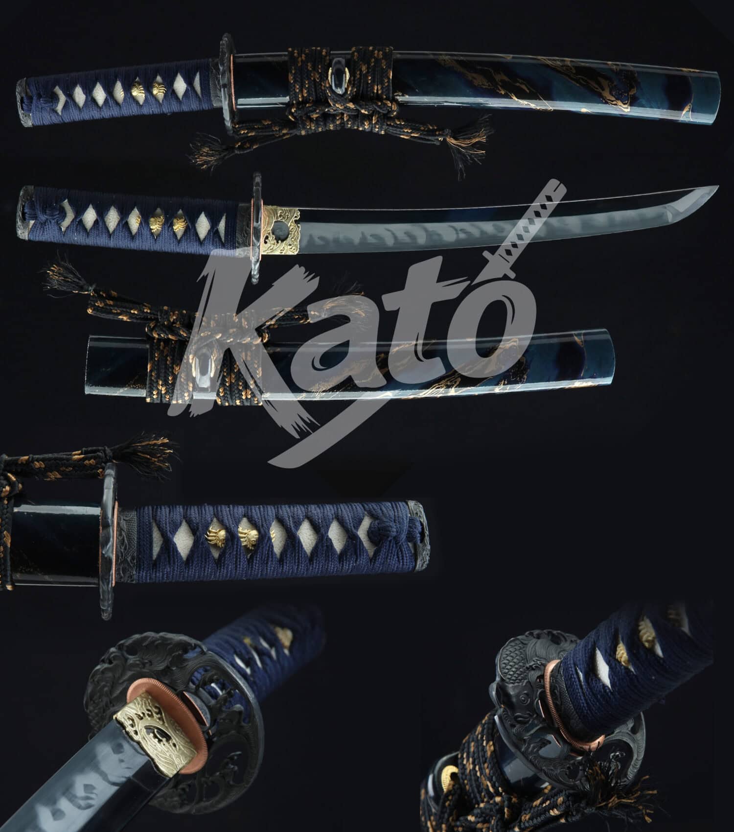 5 Hand-Forged T10 Carbon Steel Katana – Full Tang Blade, Blue Ito Handle, White Samegawa Wrap, Copper Fittings, Traditional Japanese Sword