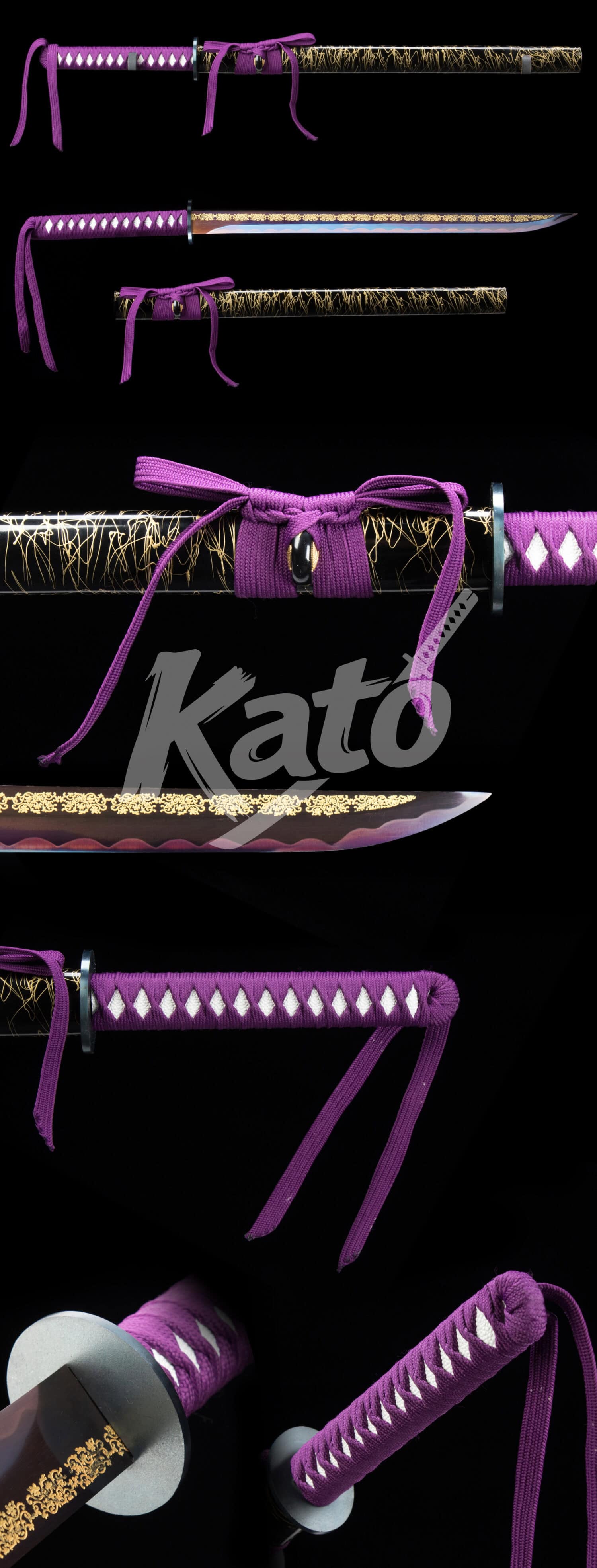 Hand-Forged 1045 Carbon Steel Ninjato Sword – Full Tang Blade, Purple Cord Handle, Engraved Blade, Lacquered Hardwood Saya, Traditional Ninja Style