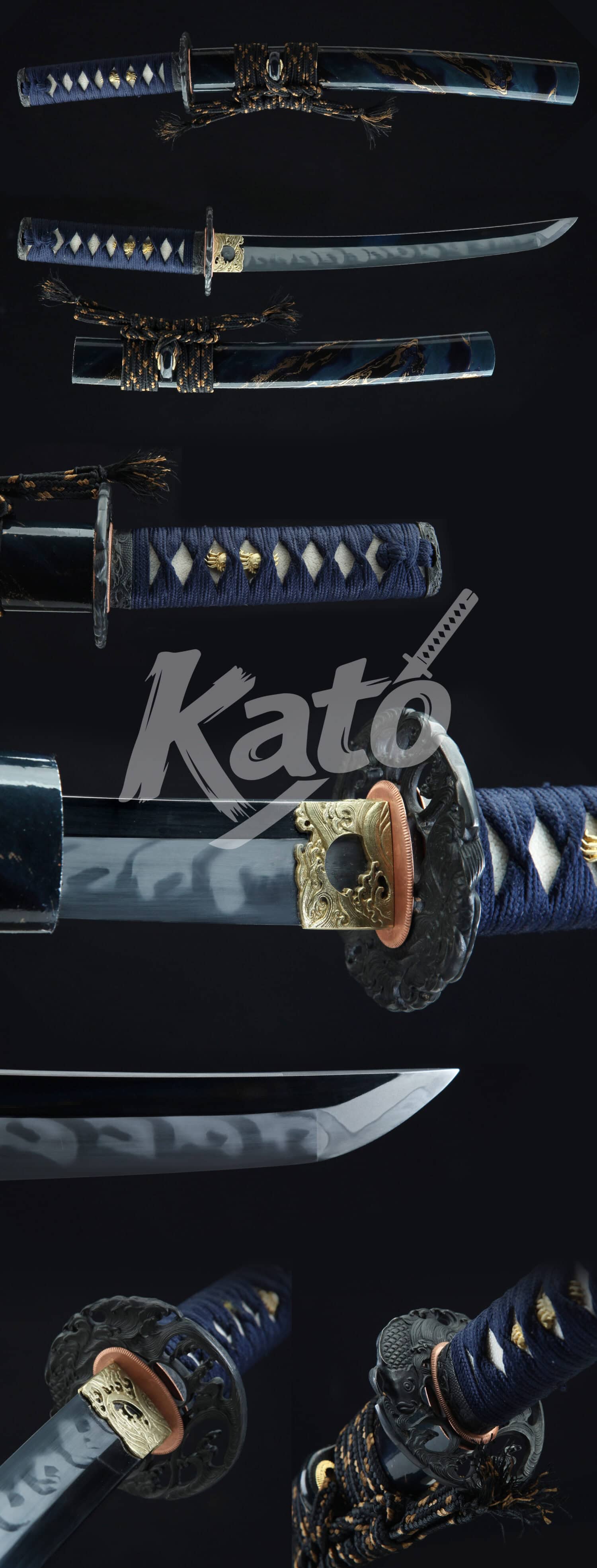Hand-Forged T10 Carbon Steel Katana – Full Tang Blade, Blue Ito Handle, White Samegawa Wrap, Copper Fittings, Traditional Japanese Sword