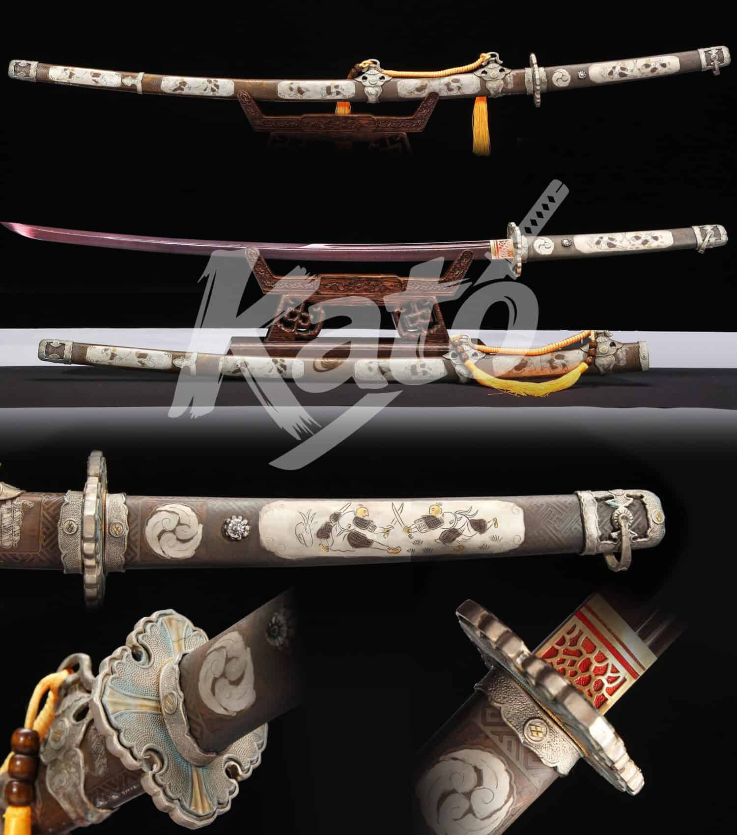 6 Hand-Forged Damascus Steel Tachi – Traditional Mounting, Red Lacquered Saya, Full Tang, 41 Inches