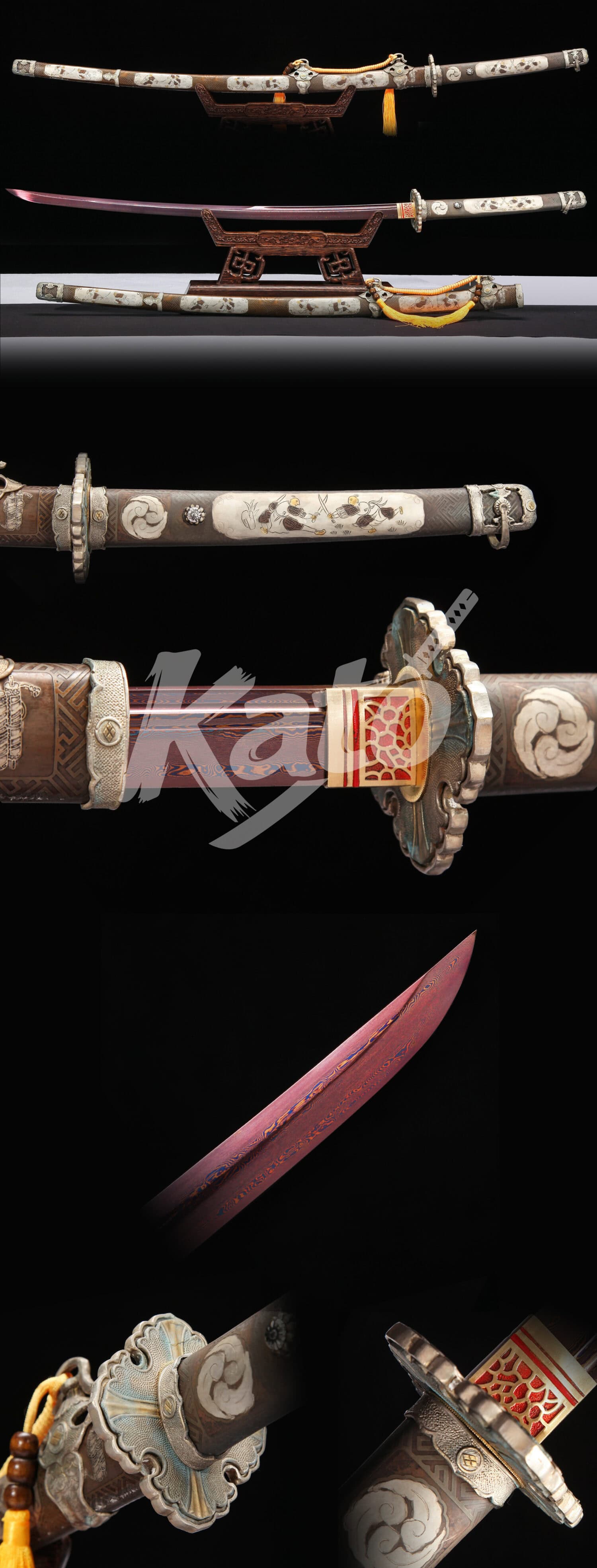 Hand-Forged Damascus Steel Tachi – Traditional Mounting, Red Lacquered Saya, Full Tang, 41 Inches