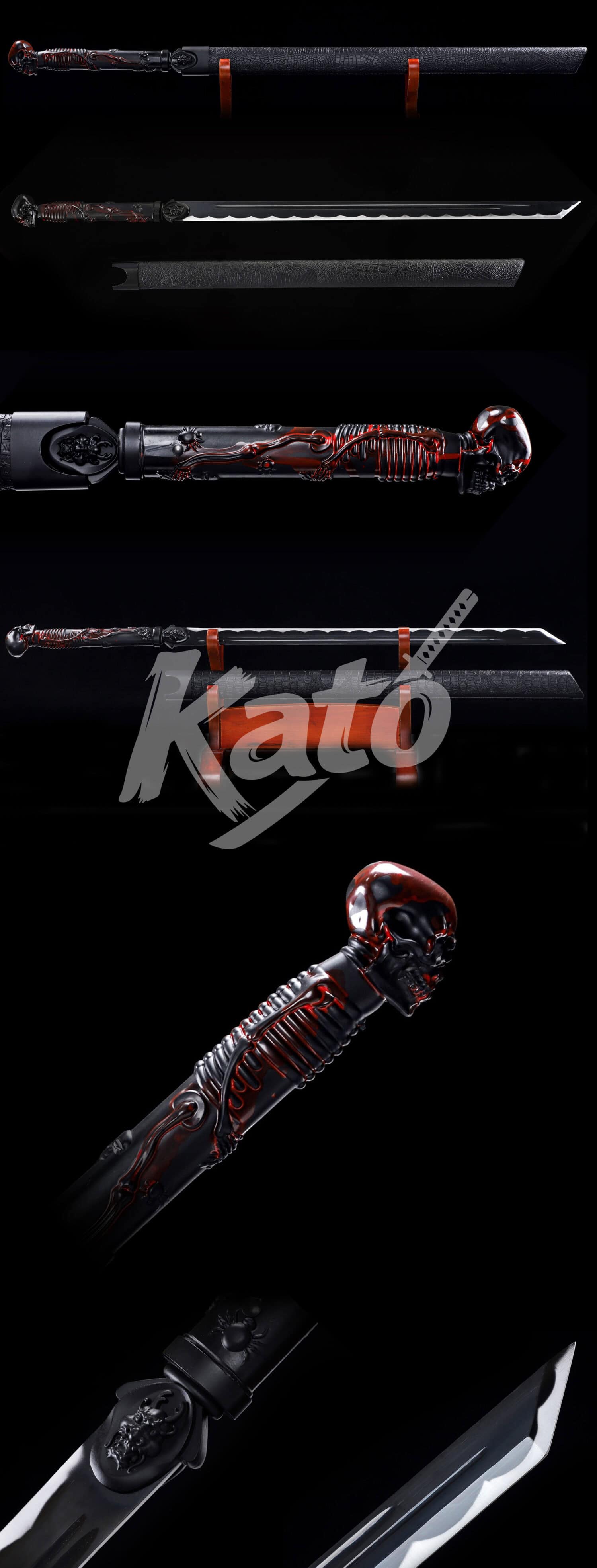 Hand-Forged 5160 Carbon Steel Ninjato Sword – Full Tang Blade, Skull Handle Design, Black Textured Saya, Ninja Style Sword