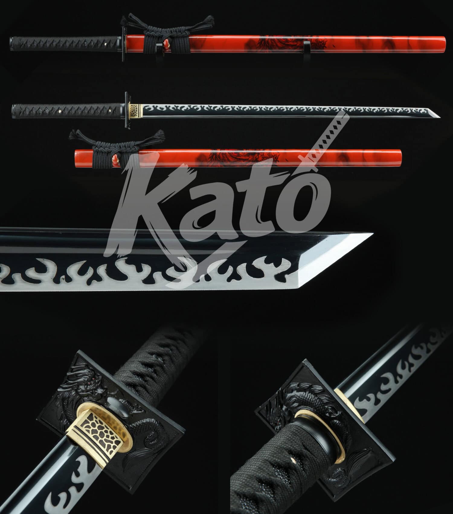 8 Hand-Forged 1045 Carbon Steel Ninjato Sword – Full Tang Blade, Dragon Tsuba, Red Lacquered Saya, Traditional Japanese Style
