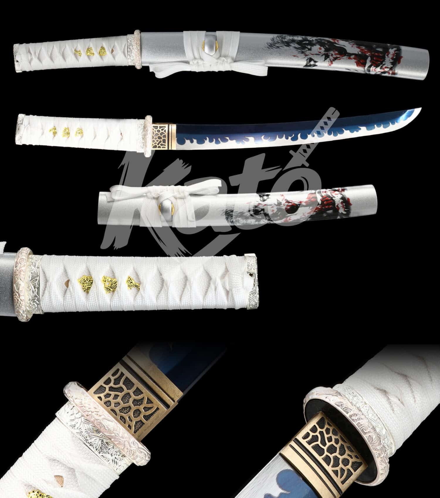 8 Hand-Forged 5160 Steel Katana Sword – White Ito Handle, Silver Alloy Tsuba, Lacquered Silver Saya, Traditional Japanese Style