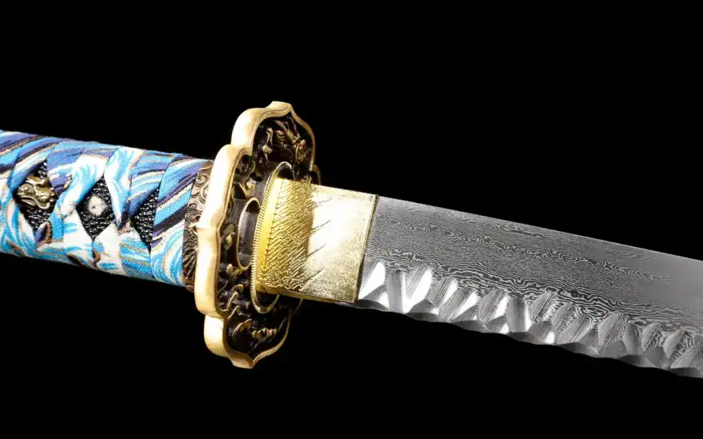 Close-up of Damascus katana blade revealing detailed layered steel pattern