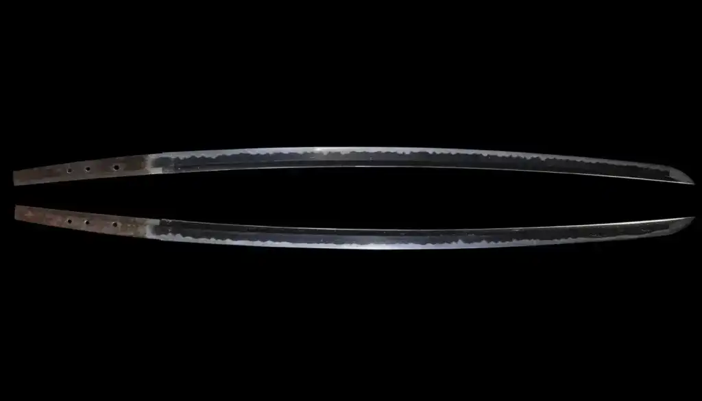 Dual katana blades showing hamon and full tang on black background