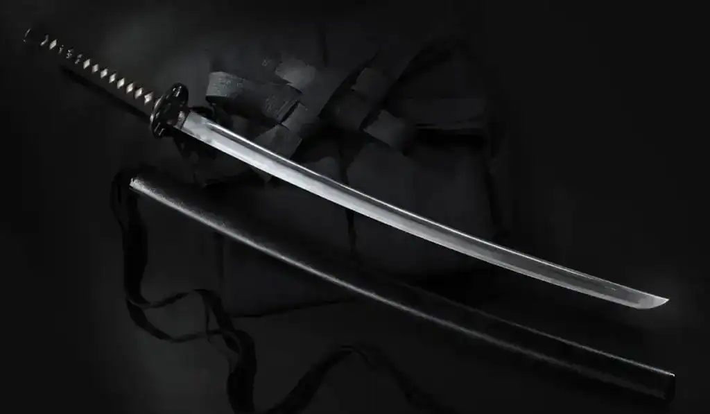 katana with scabbard and carry bag on dark background