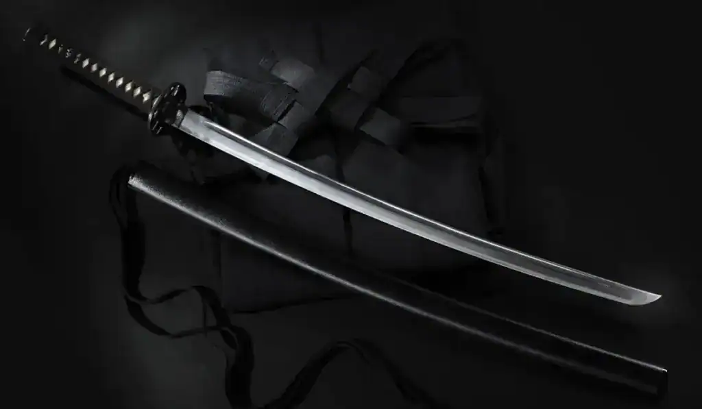 katana with scabbard and carry bag on dark background