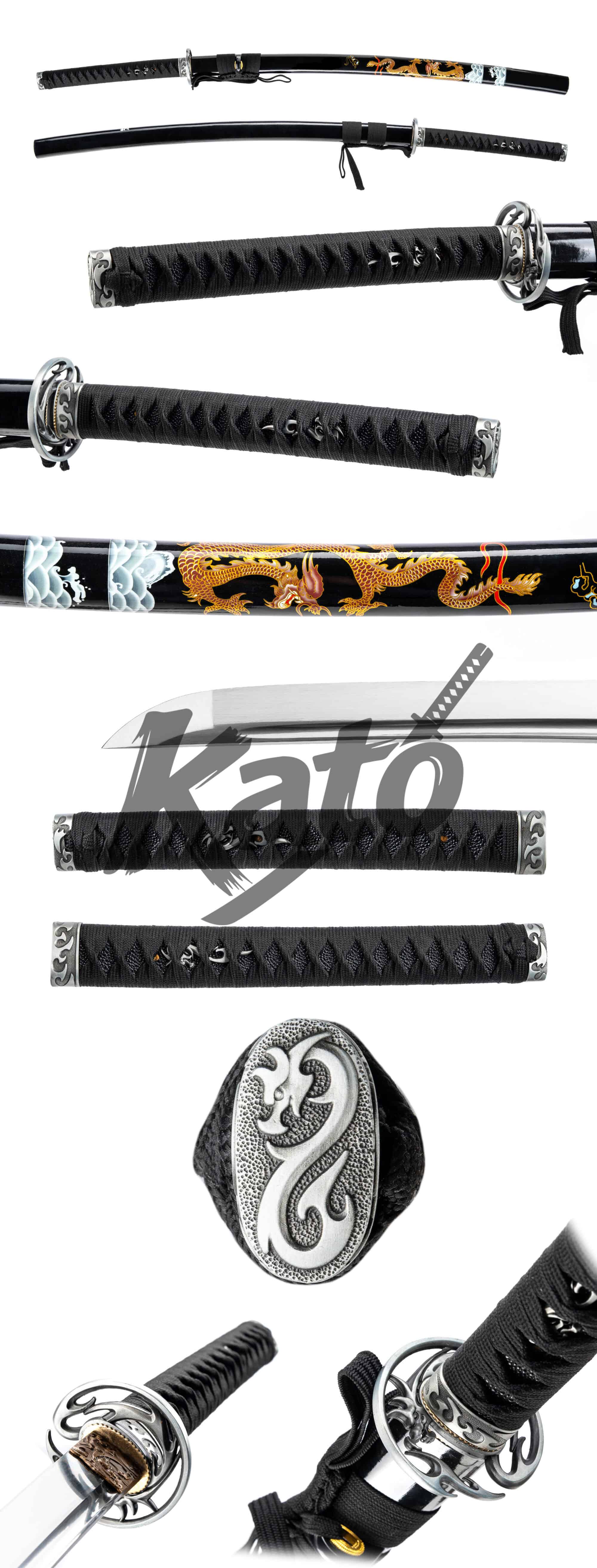 5 5160 Spring Steel Katana – Black Dragon Samurai Sword, Mirror Polish, High Flex Blade