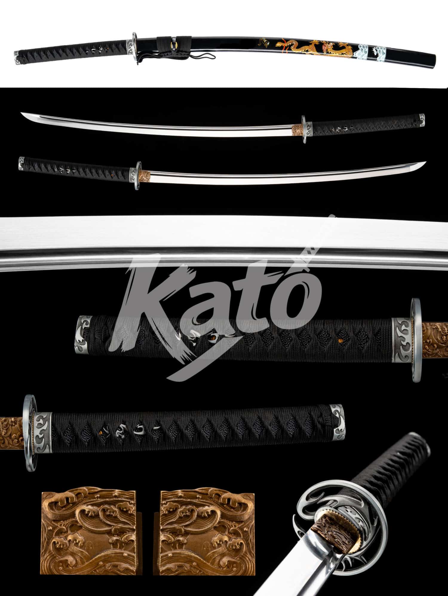 6 5160 Spring Steel Katana – Black Dragon Samurai Sword, Mirror Polish, High Flex Blade