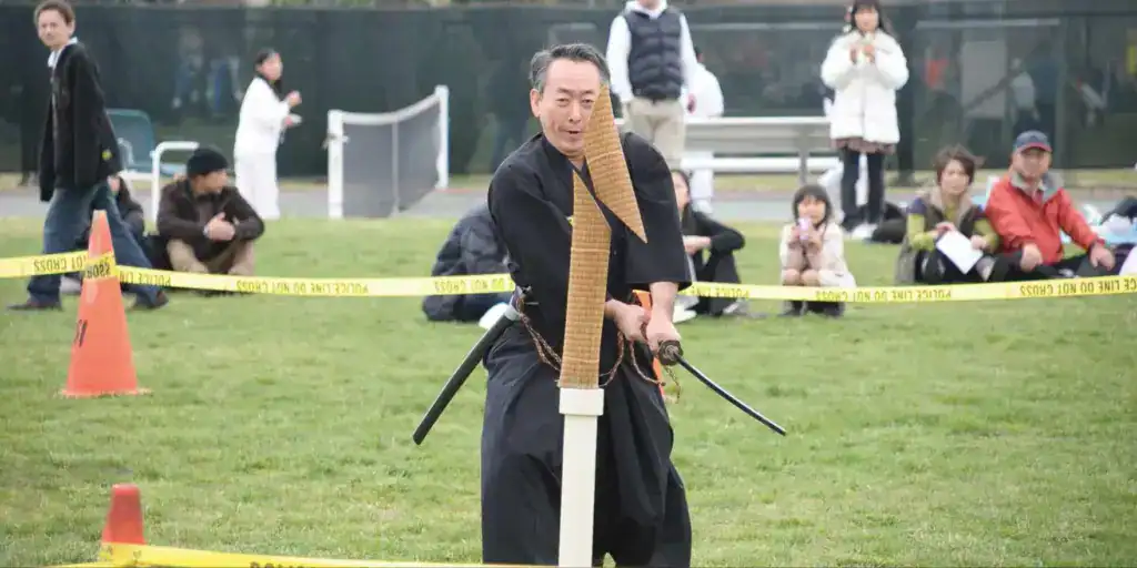 tameshigiri practice with katana outdoors