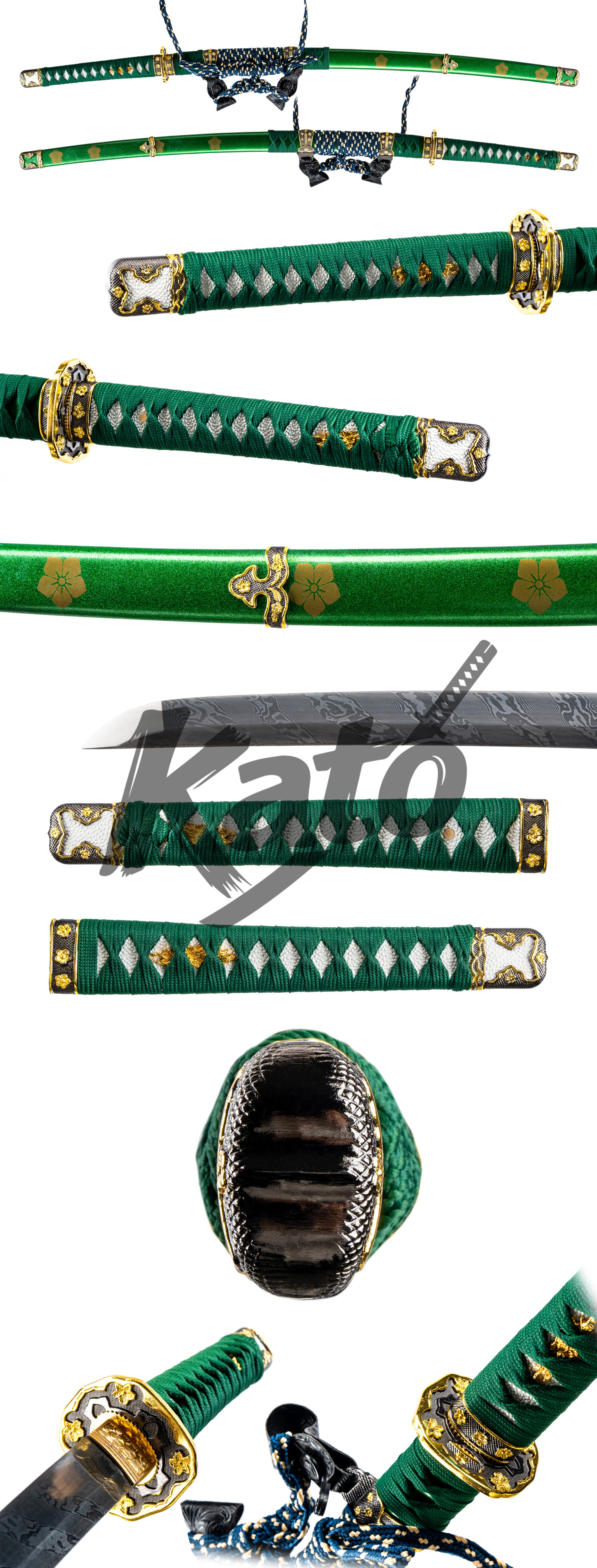 2 Hand Forged Tachi Sword – Damascus Steel Samurai Sword with Emerald Lacquer Saya