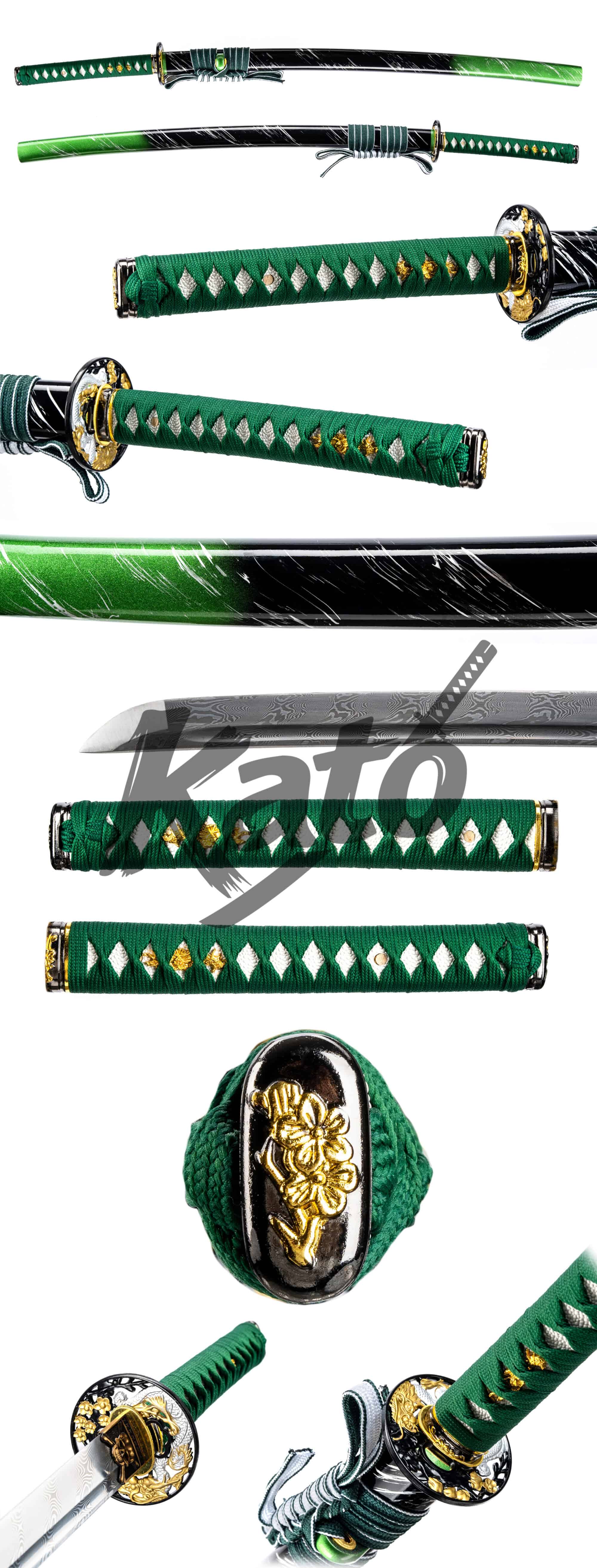 23 Green Handle Damascus Katana – Hand Forged Pattern Welded Samurai Sword