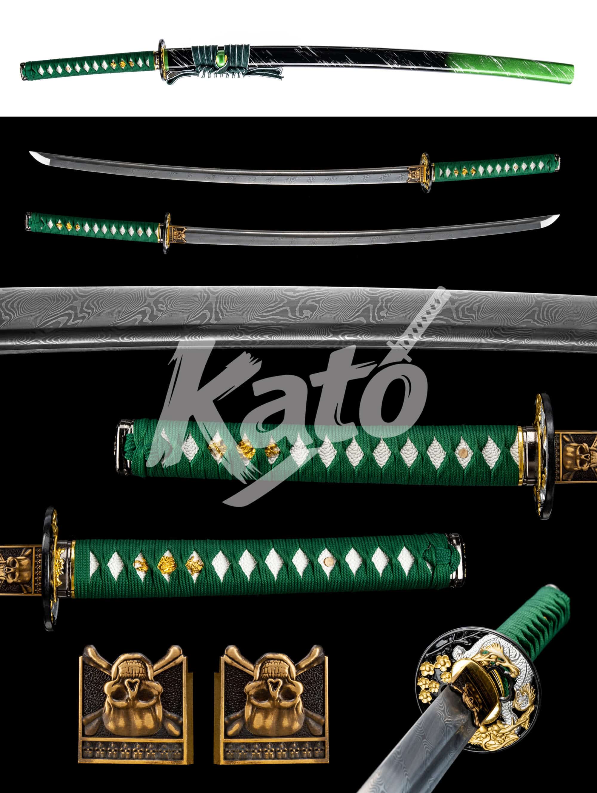 24 Green Handle Damascus Katana – Hand Forged Pattern Welded Samurai Sword