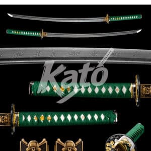 Green Handle Damascus Katana – Hand Forged Pattern Welded Samurai Sword