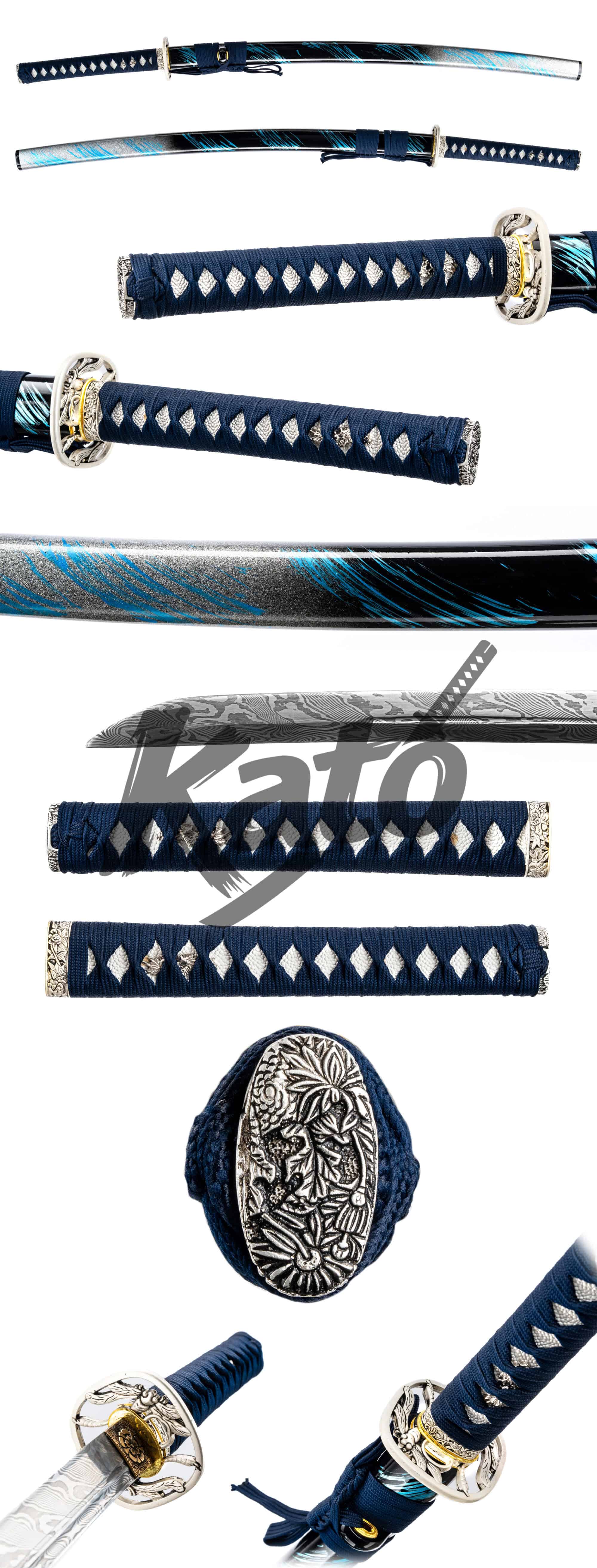 26 Blue Handle Damascus Katana – Hand Forged Samurai Sword with Bo-Hi