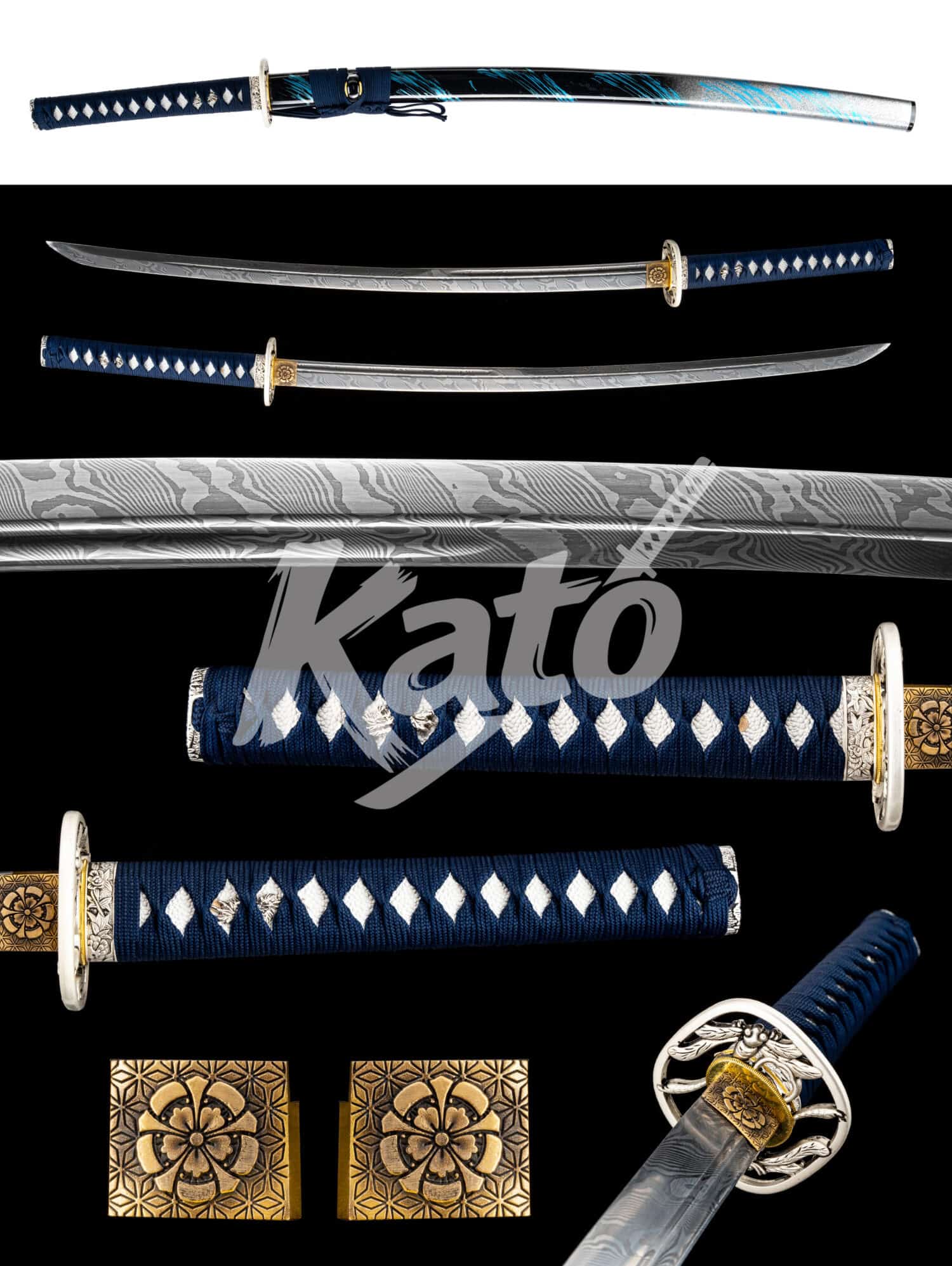 27 Blue Handle Damascus Katana – Hand Forged Samurai Sword with Bo-Hi