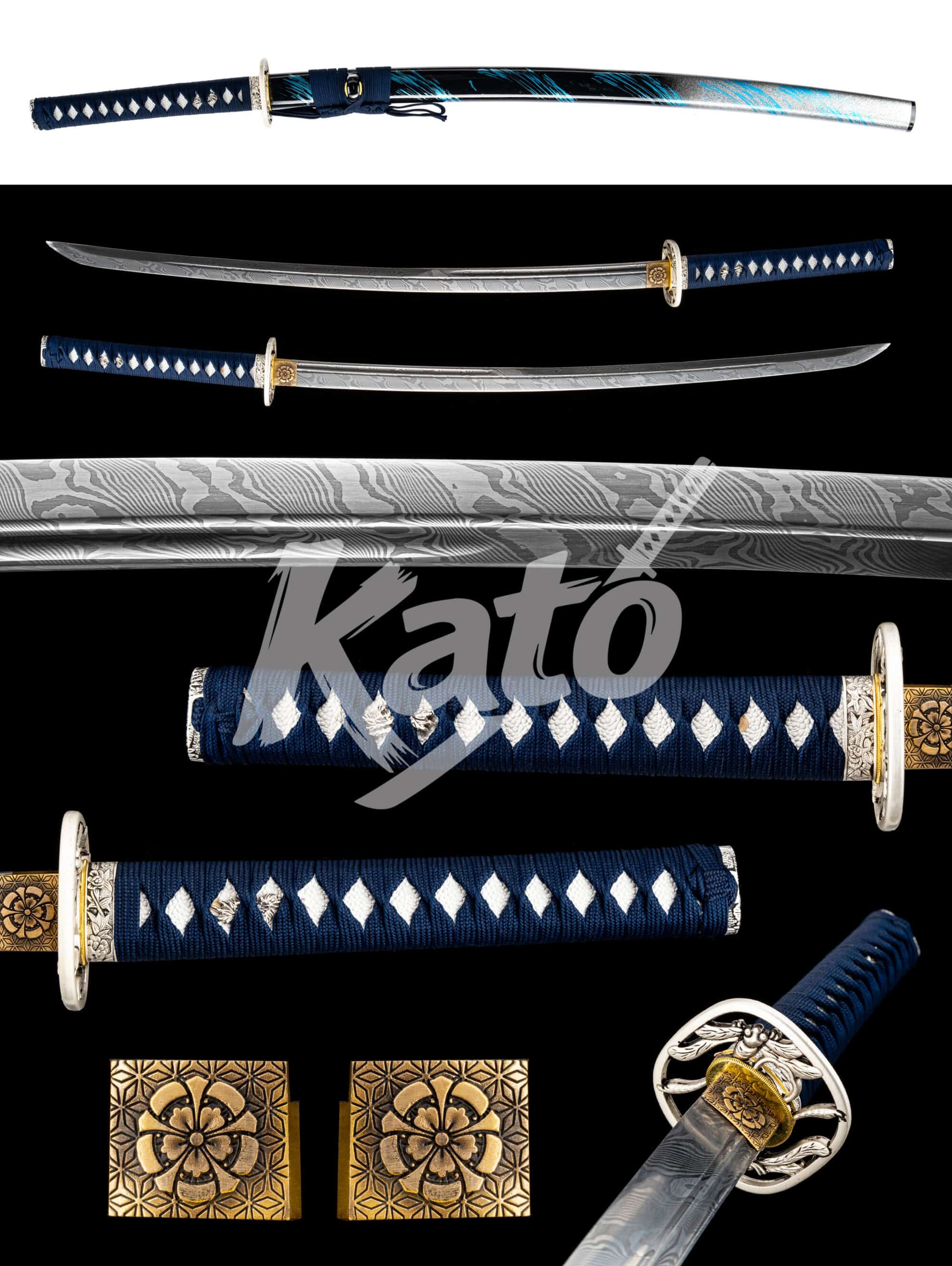 27 Blue Handle Damascus Katana – Hand Forged Samurai Sword with Bo-Hi