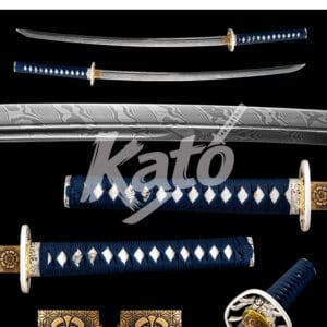 Blue Handle Damascus Katana – Hand Forged Samurai Sword with Bo-Hi