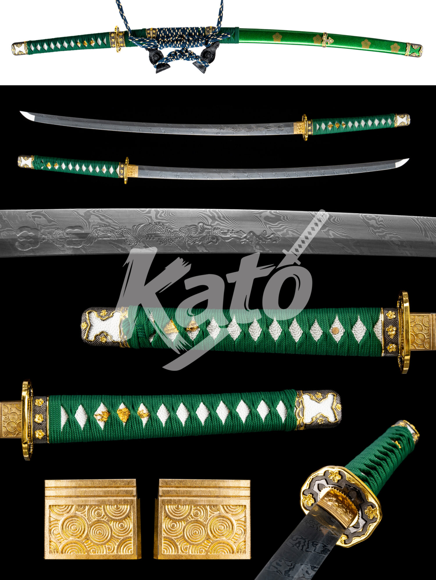3 Hand Forged Tachi Sword – Damascus Steel Samurai Sword with Emerald Lacquer Saya