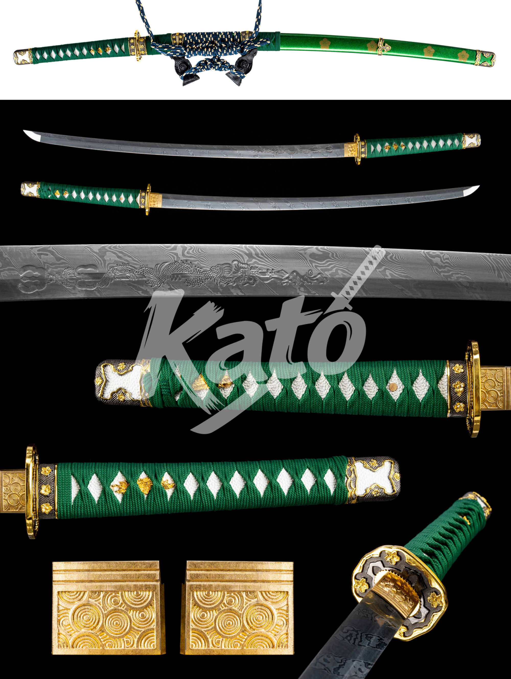 3 Hand Forged Tachi Sword – Damascus Steel Samurai Sword with Emerald Lacquer Saya