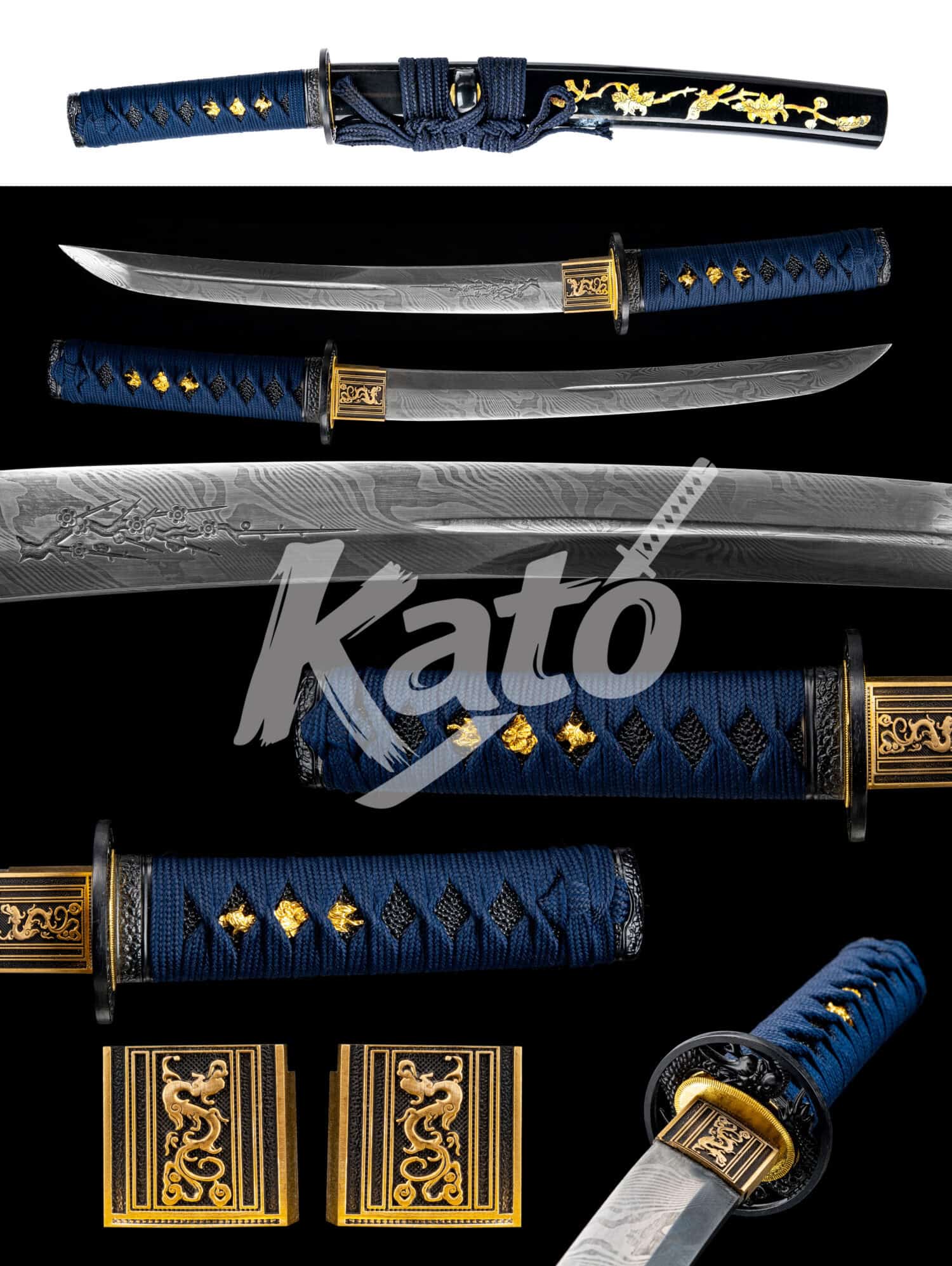 33 Damascus Tanto Knife – Hand Forged Japanese Short Sword Blue Handle