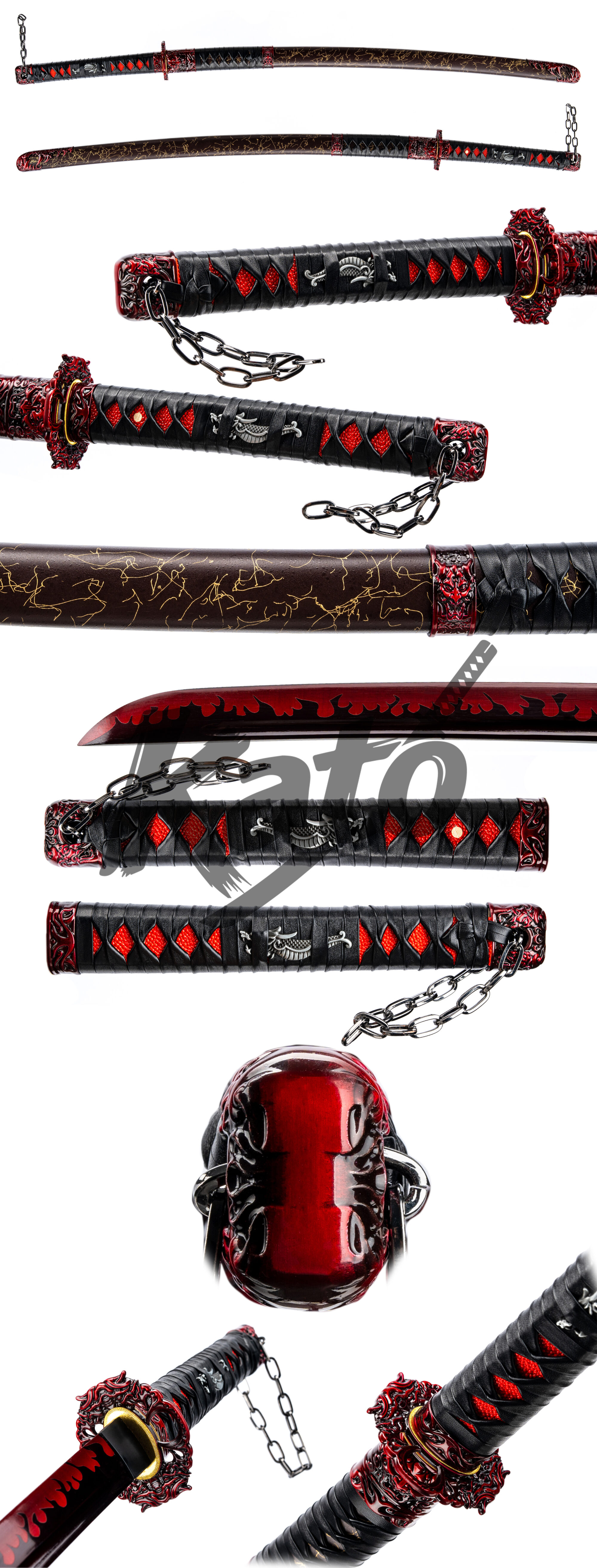 5 Red Flame Katana Sword – Spring Steel Samurai Sword Black & Red Battle Ready