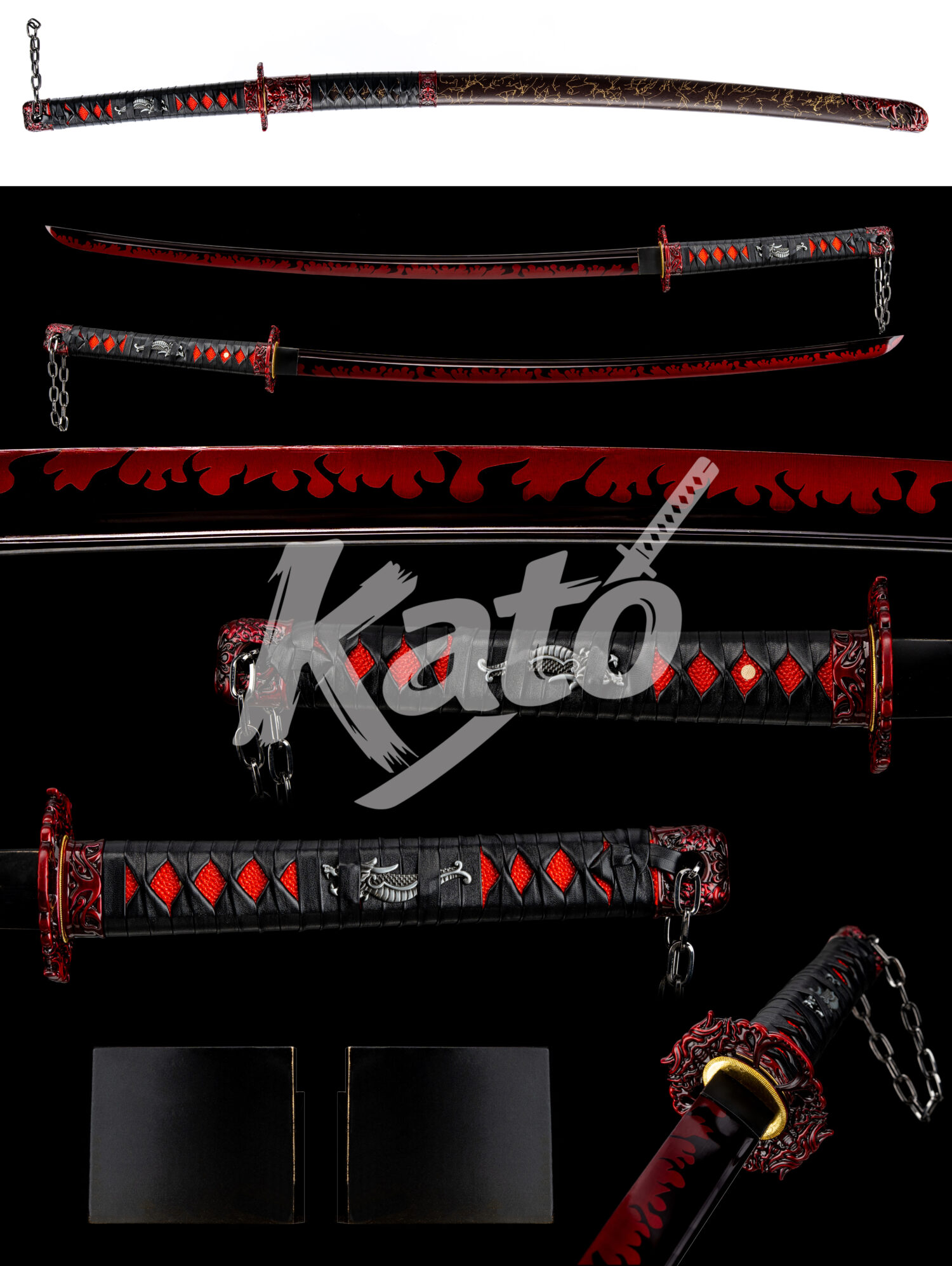 6 Red Flame Katana Sword – Spring Steel Samurai Sword Black & Red Battle Ready