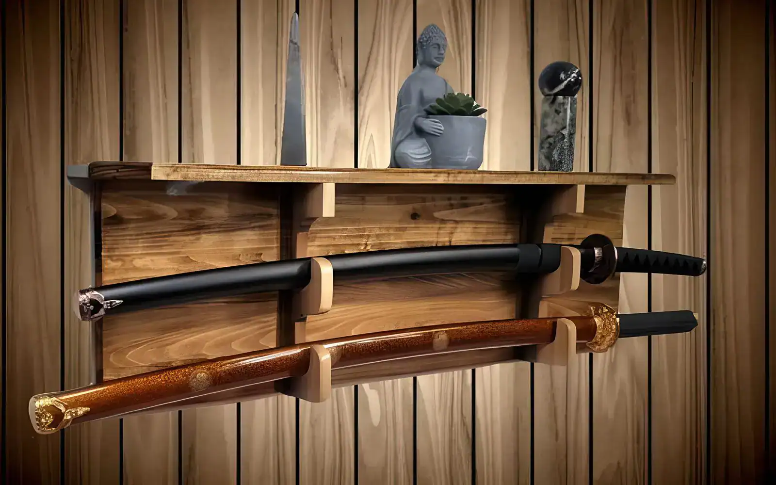 Katana displayed on wooden wall