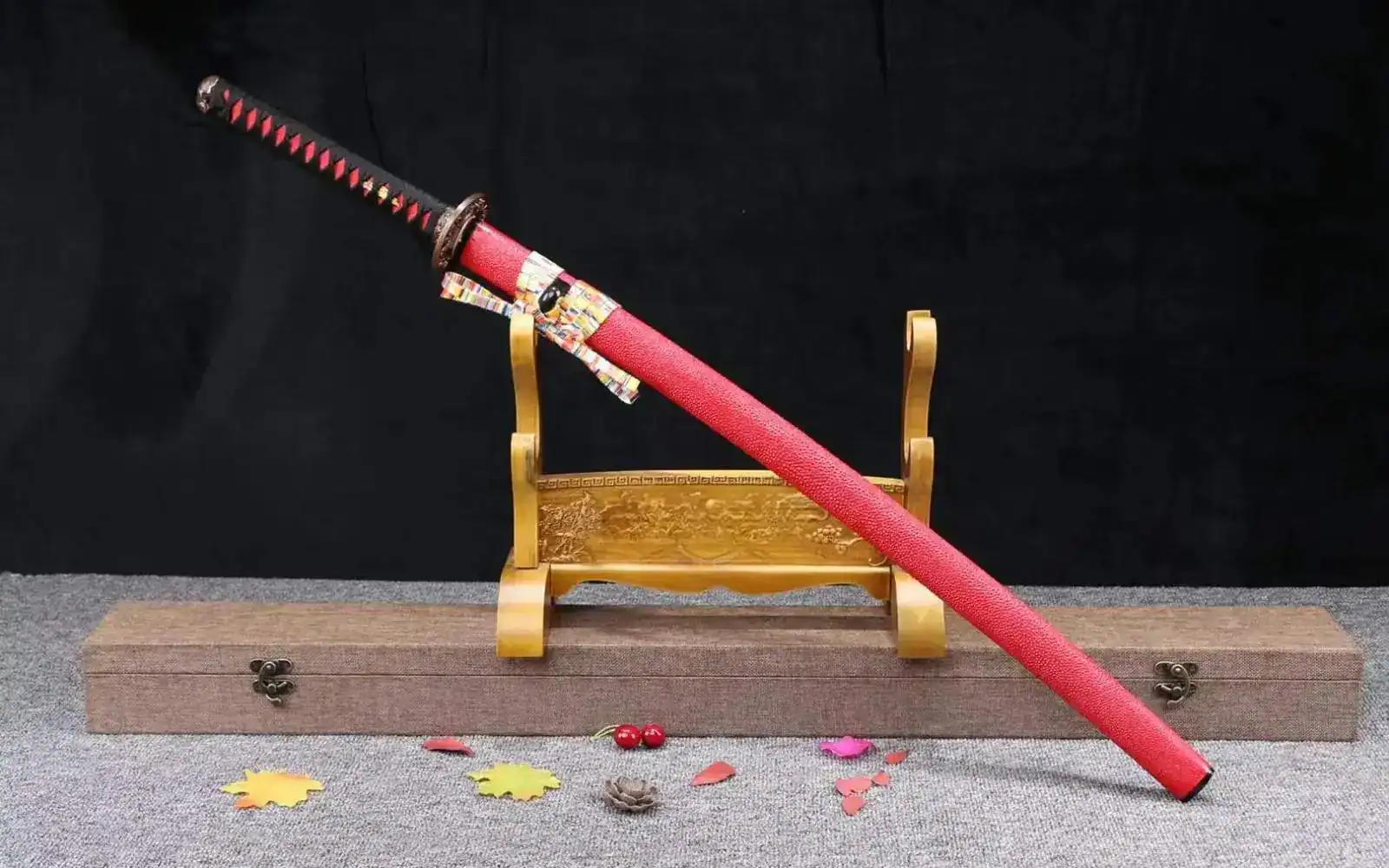 Red custom katana on stand