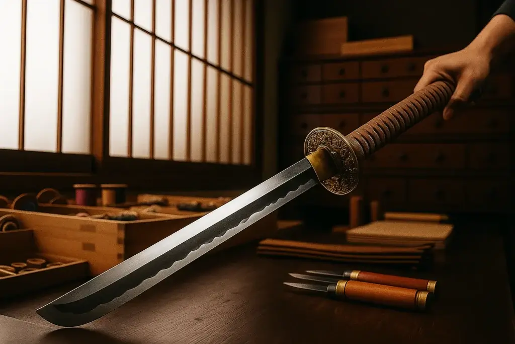 katana koshirae fittings being assembled