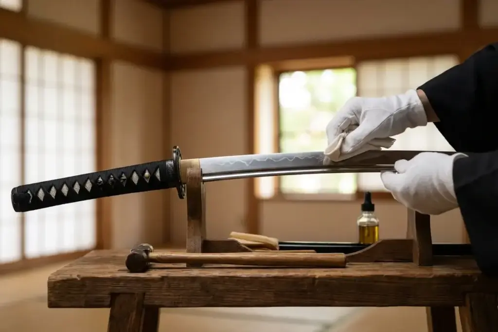 Gloved hand cleaning katana blade