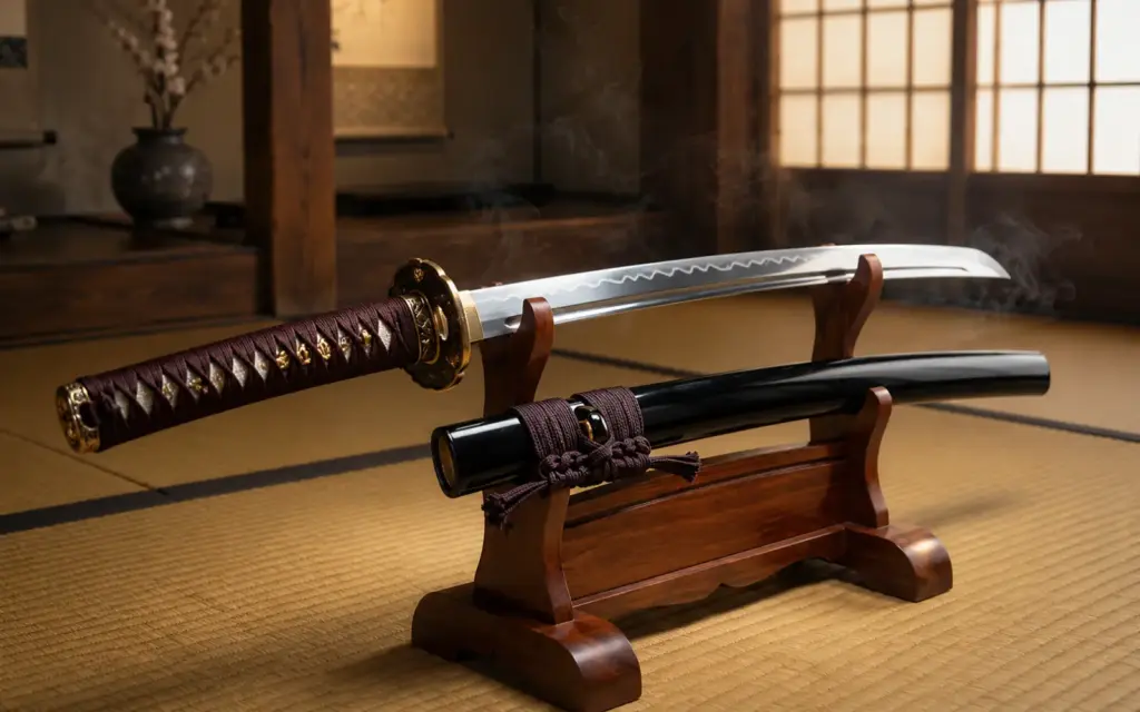 Katana fittings on display stand
