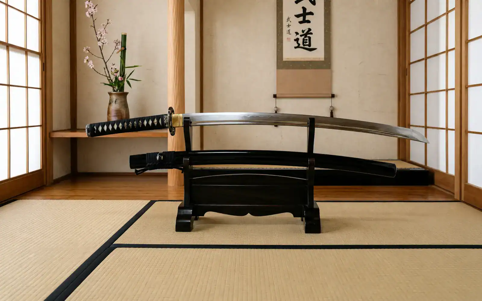 Katana stored on wooden stand