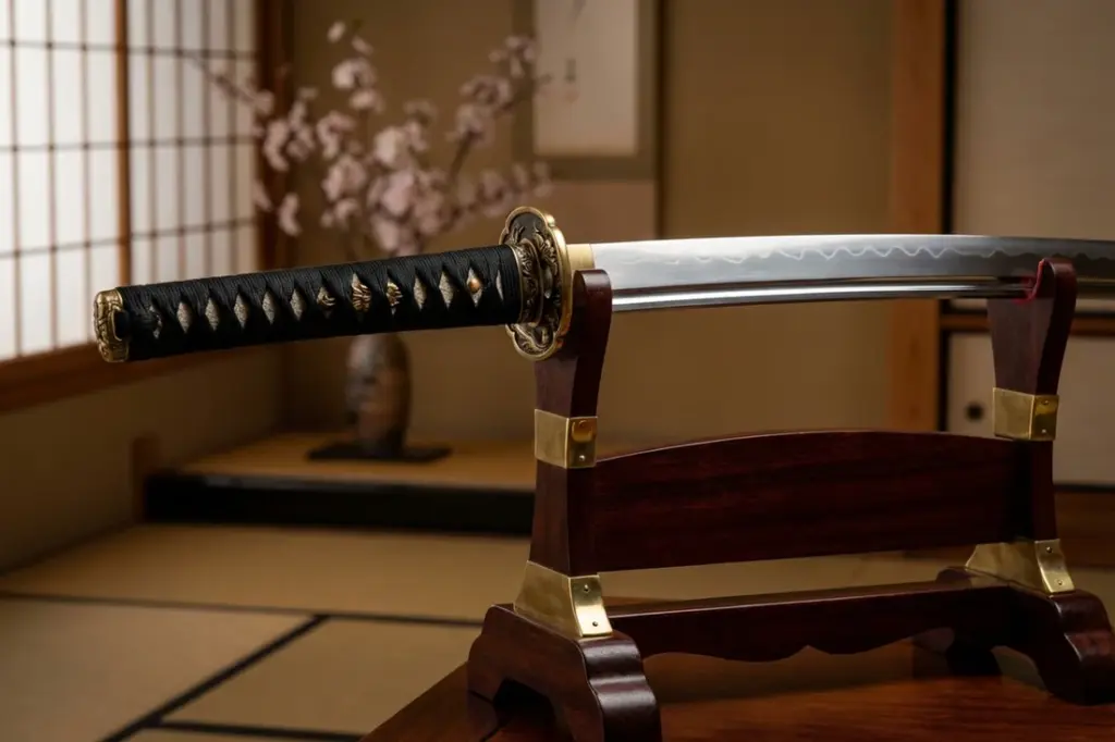 Japanese sword displayed on wooden stand