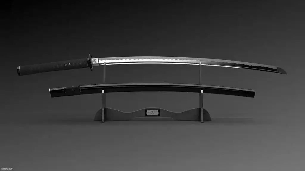 Katana displayed with saya on stand