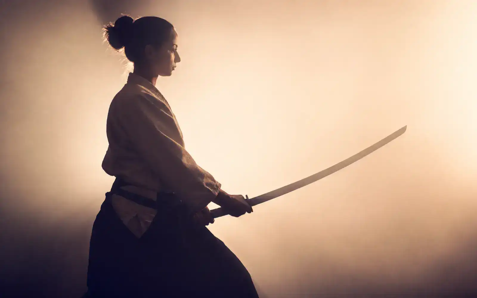 Samurai holding katana at sunset