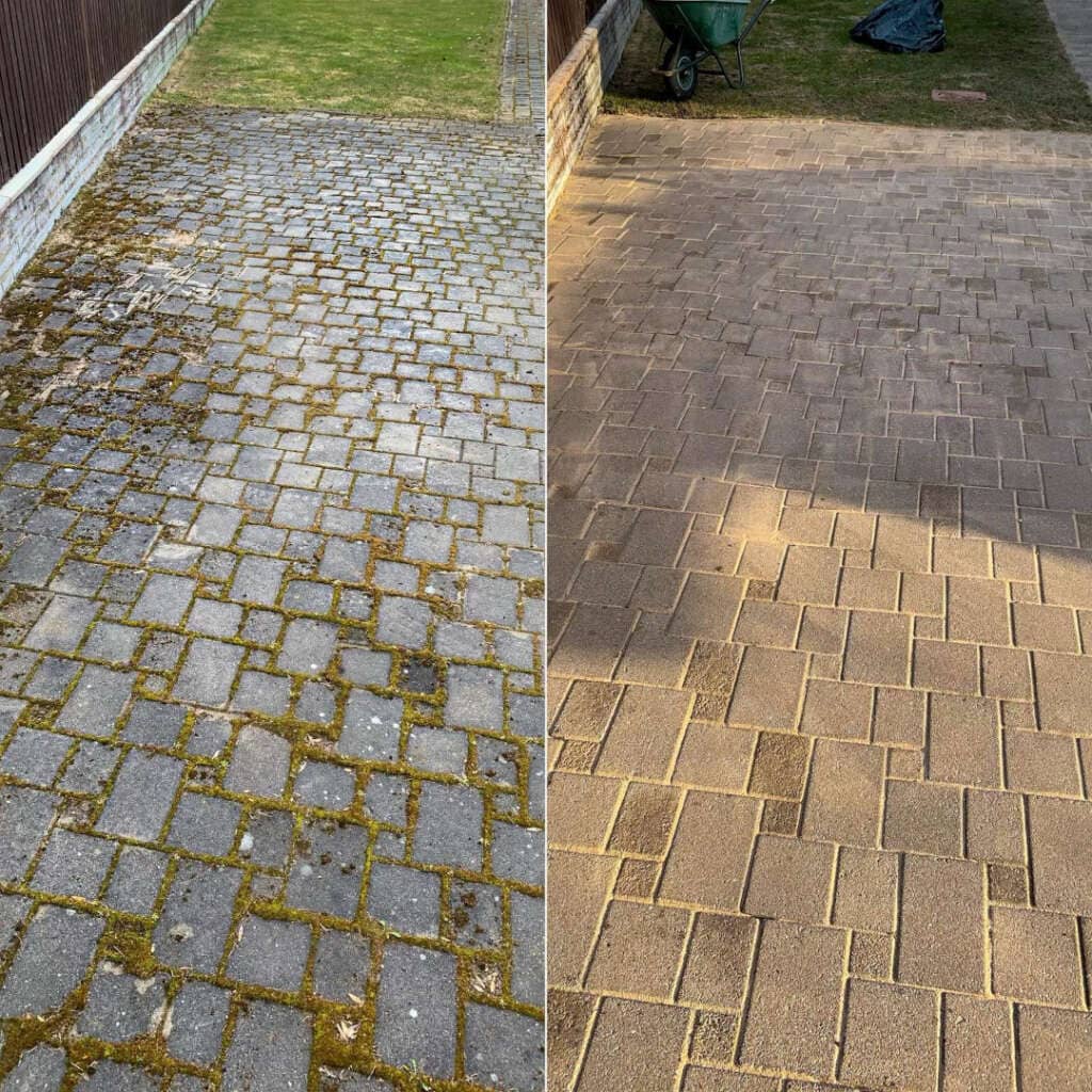 Enne ja pärast sambla eemaldust tänavakivide vuukide vahelt