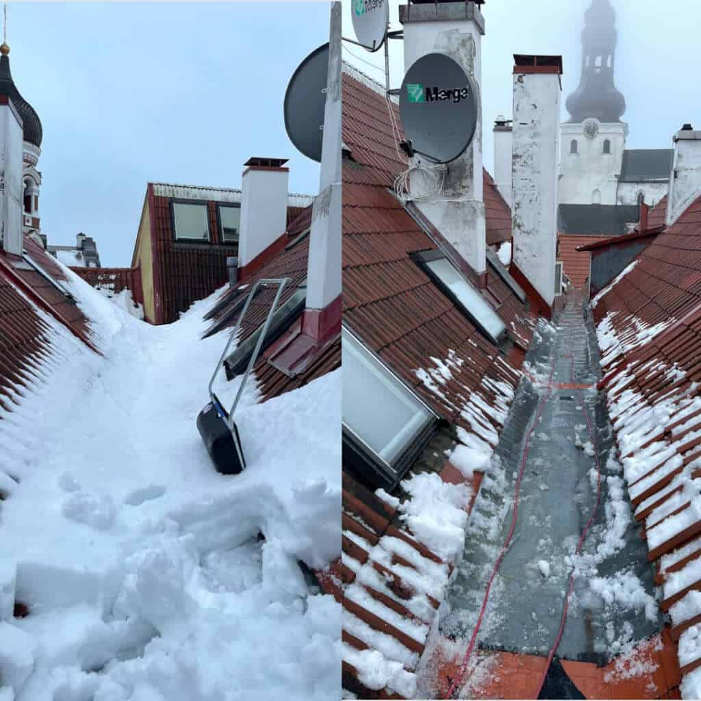Enne ja pärast punase kivikatuse lumekoristust