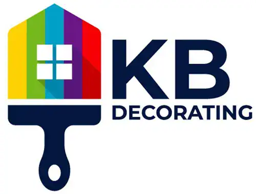 KB Decorating logo with rainbow-colored house and paintbrush design.