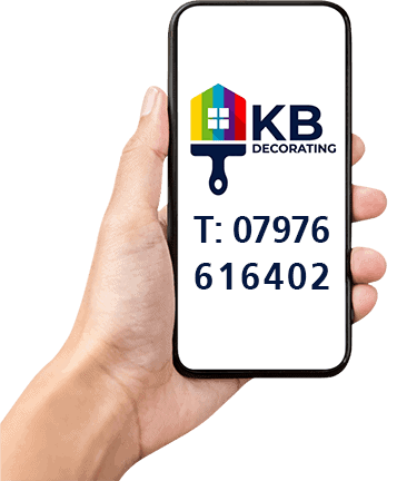 KB Decorating logo with contact number on smartphone screen, professional painting and decorating se.
