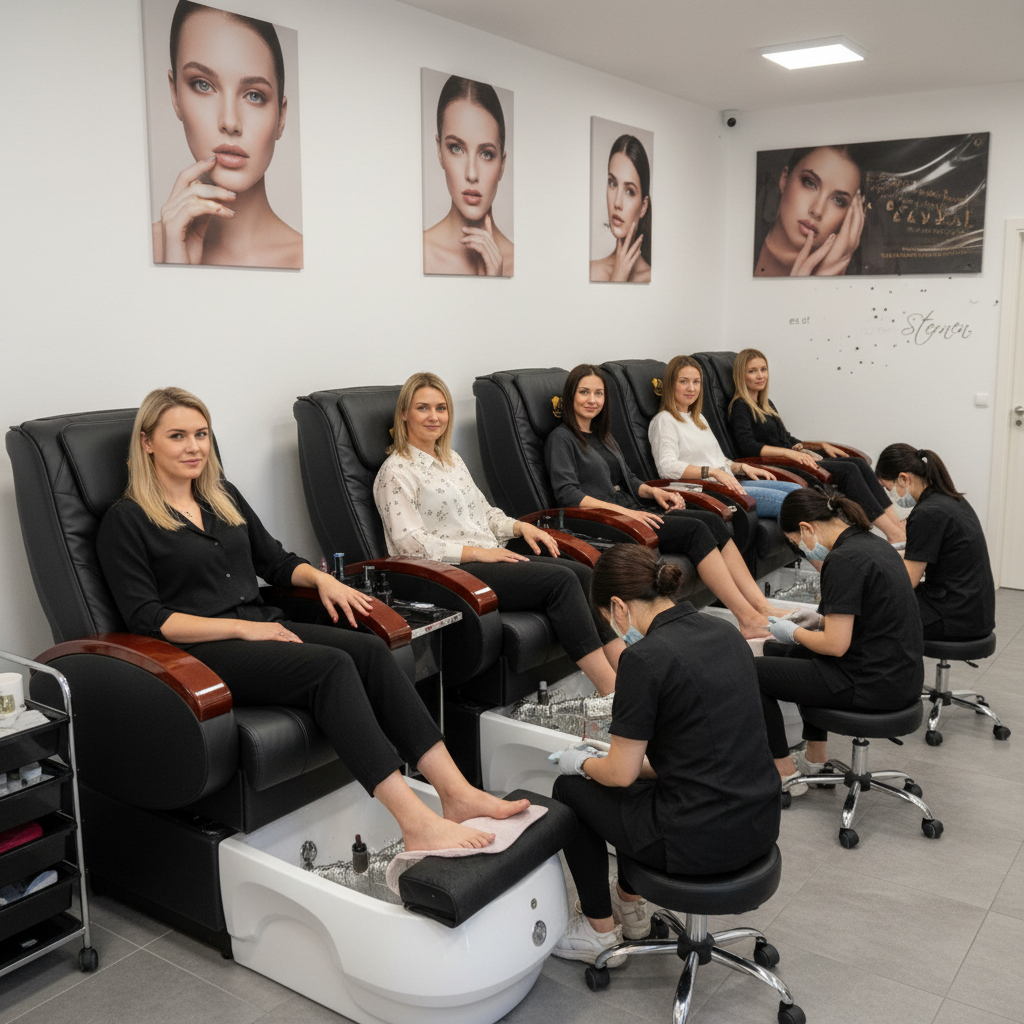 Entspannter Kosmetikraum mit Frauen, die bei einer Fußpflege ihre Schönheit pflegen.